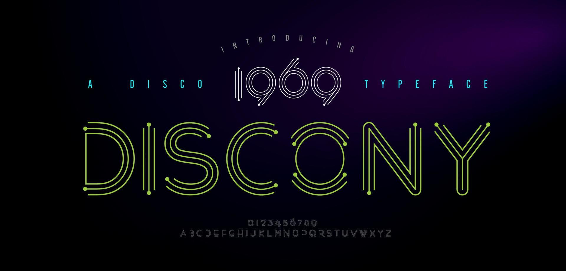 disco retro alfabet lettertypen en nummer. typografie modern minimaal stedelijk digitaal neon disco toekomstig creatief logo lettertype. vector illustratie