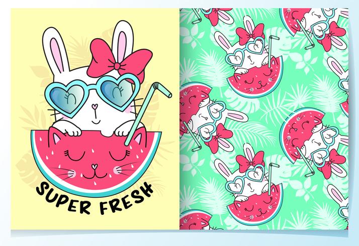 Hand getekend schattig konijn met zonnebril en watermeloen patroon ingesteld vector