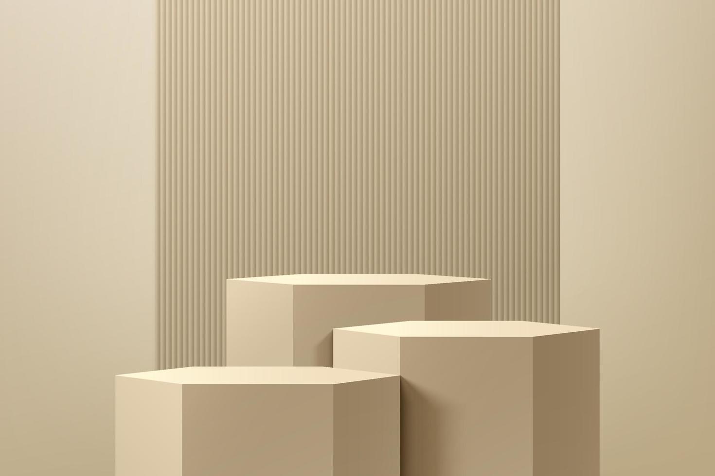 realistische beige 3D-zeshoekstandaard of podiumset met verticale patroonmuurscène-achtergrond. pastel minimale scène voor producten podium showcase, promotie display. vector abstract studio kamer platform.