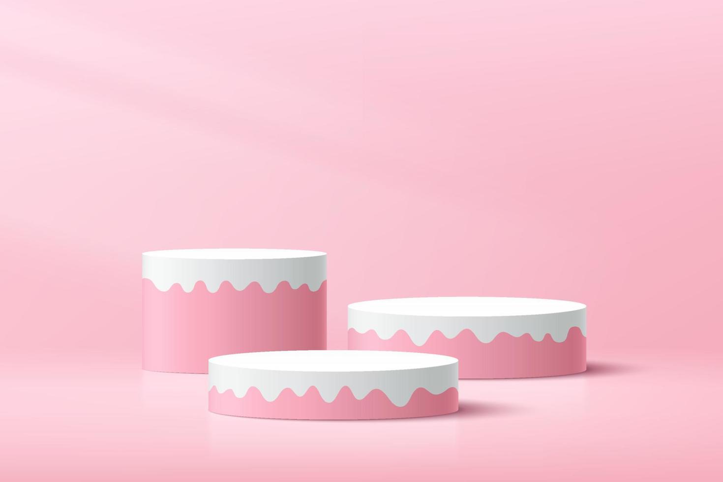 zoet roze en wit cilinder voetstuk podium. modern platform met vloeiende vormen. felroze minimale wandscène. pastel kleur abstracte kamer. vector rendering 3d geometrische vorm voor productpresentatie.