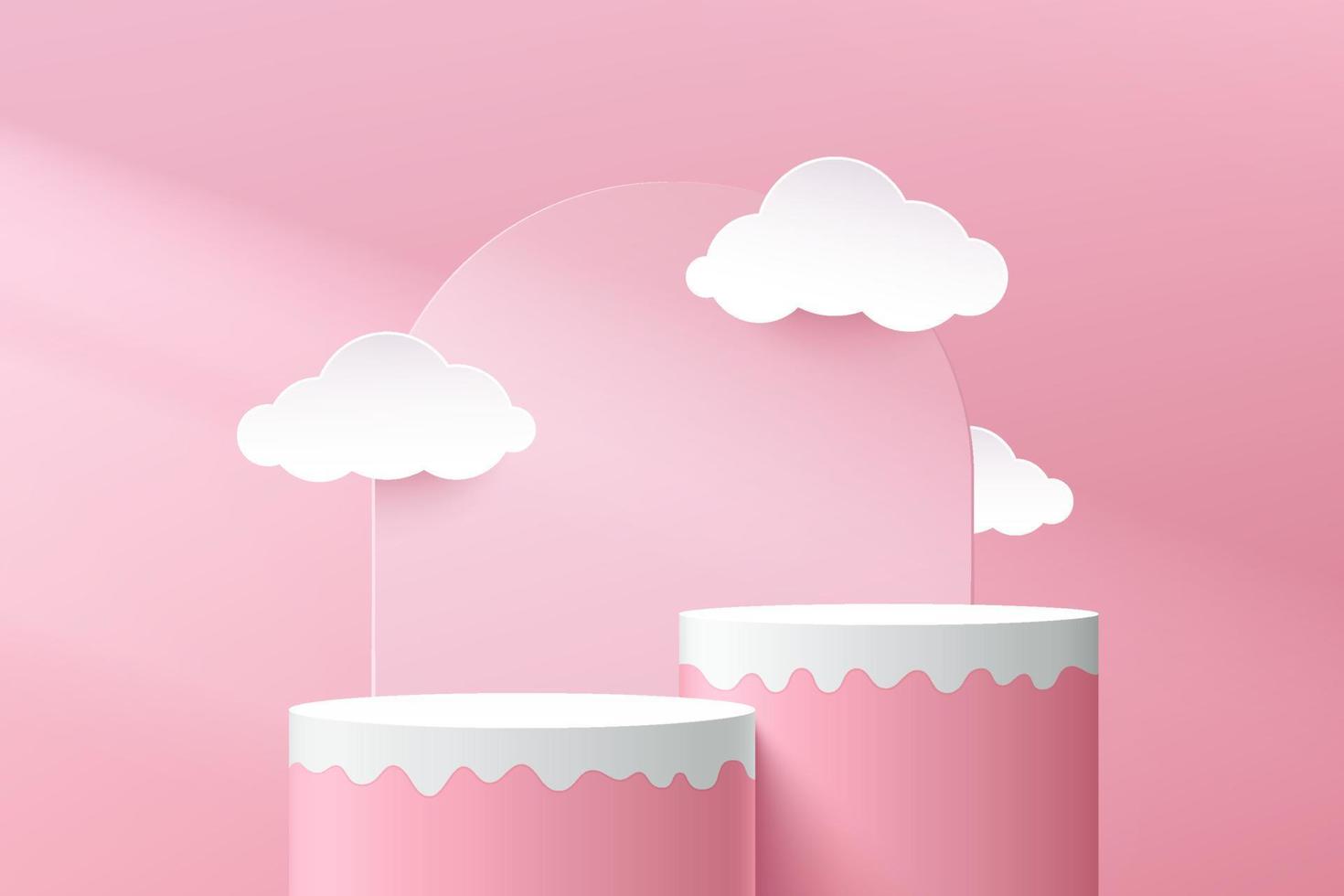 vector rendering 3d geometrische vorm voor productpresentatie. roze, wit cilinder voetstuk podium. modern platform in vloeiende vorm met papier in de vorm van een witte wolk. pastel roze minimale abstracte scène.