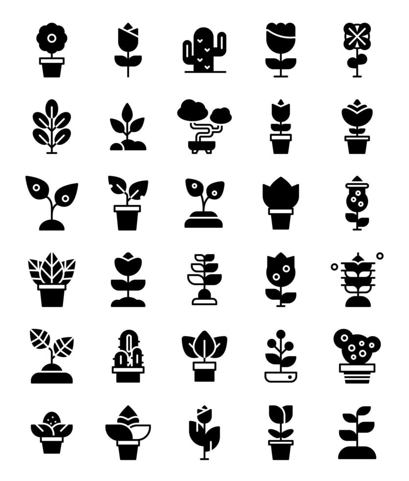 solide glyph plant bloem decoratie pictogrammen vector