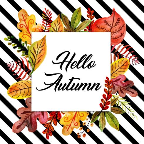 Waterverf Autumn Leaves Frame met Zwarte strepenachtergrond vector