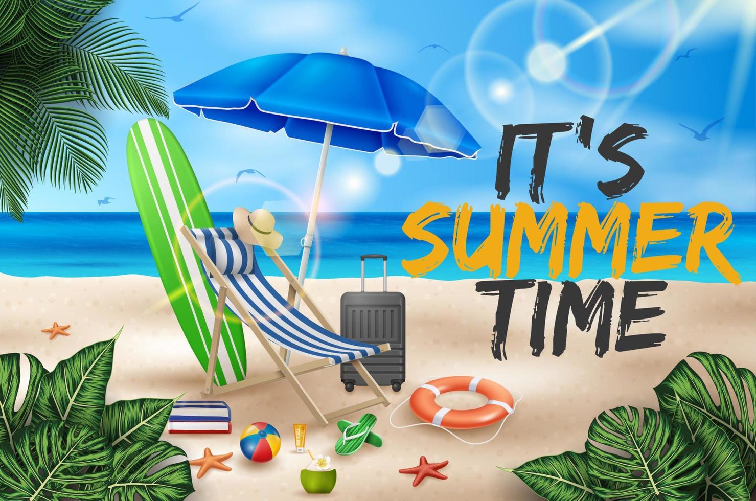 vector zomervakantie illustratie met strandbal, palmbladeren, surfplank en typografie brief op blauwe oceaan landschap-achtergrond.