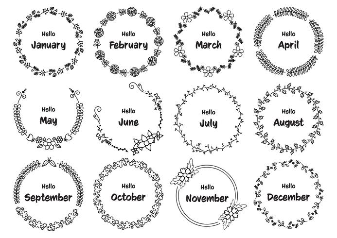 Hand getekend floral ronde frames instellen met maanden van het jaar vector