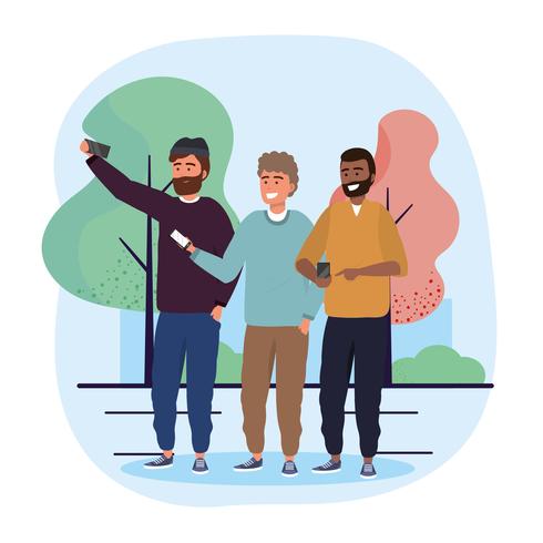 Mannelijke vrienden met smartphone selfies vector