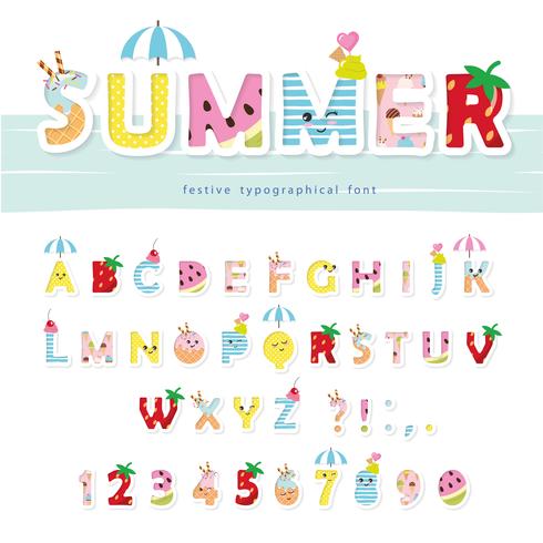 Zomer lettertype. Creatieve cartoon letters en cijfers vector