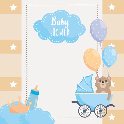 Kaart van de babydouche met teddybeer in koets vector