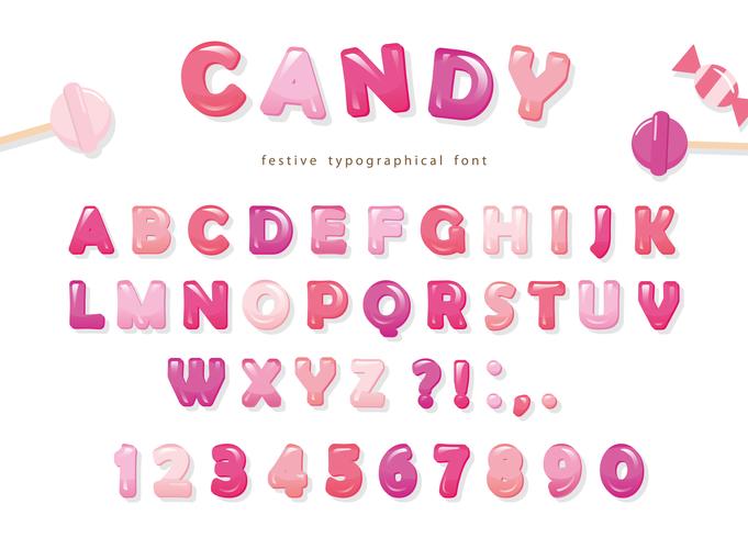 Candy glanzend lettertype ontwerp. Kleurrijke roze ABC-letters en cijfers vector