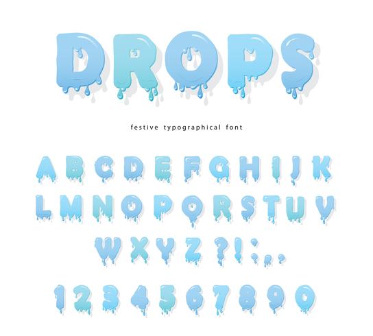 Waterdruppels lettertype ontwerp. Transparante glanzende letters en cijfers vector