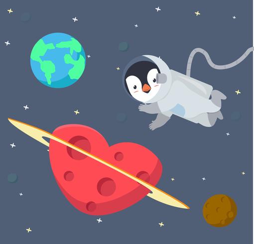 Pinguïnastronaut die op ruimteachtergrond drijven vector