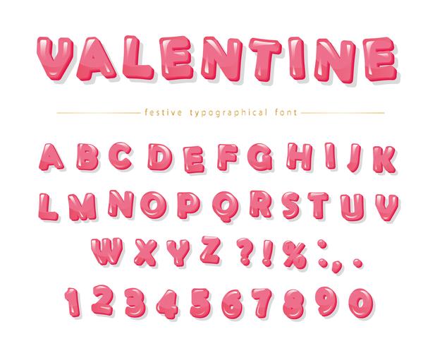 Glanzend roze decoratief lettertype. Cartoon ABC letters en cijfers vector