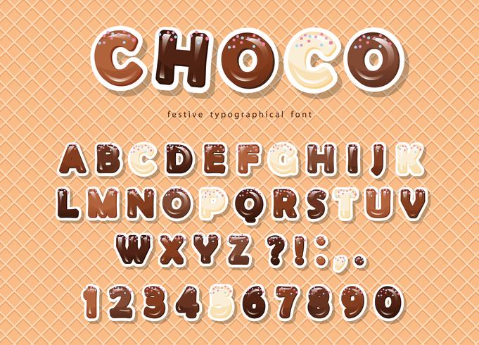 Papier uitgesneden ABC-letters en cijfers, gemaakt van verschillende soorten chocolade op de wafelachtergrond. vector