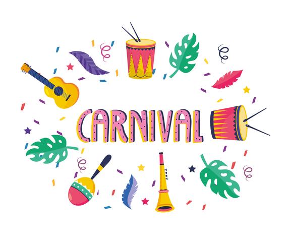 Carnaval-poster met muziekinstrumenten en veren vector