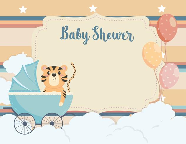 Kaart van de baby douche met tijger in koets met ballonnen vector