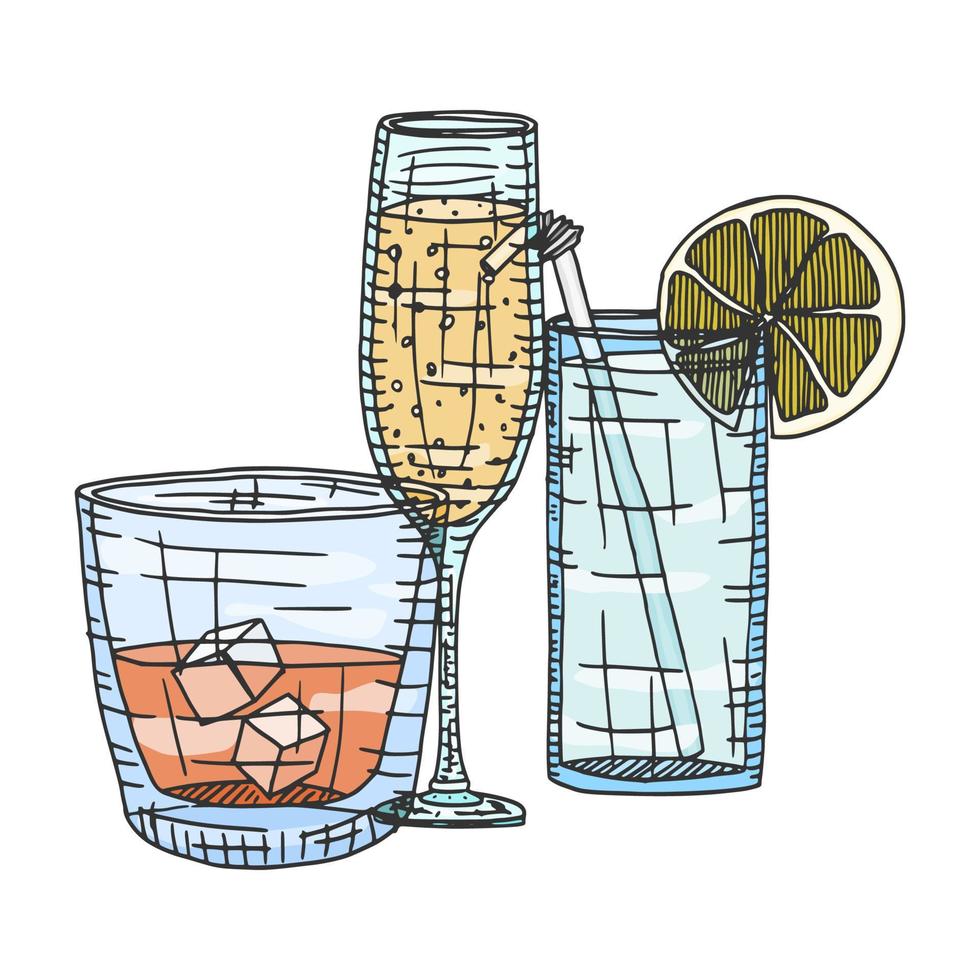 schets alcoholische dranken in kleur. doodle voorraad vector