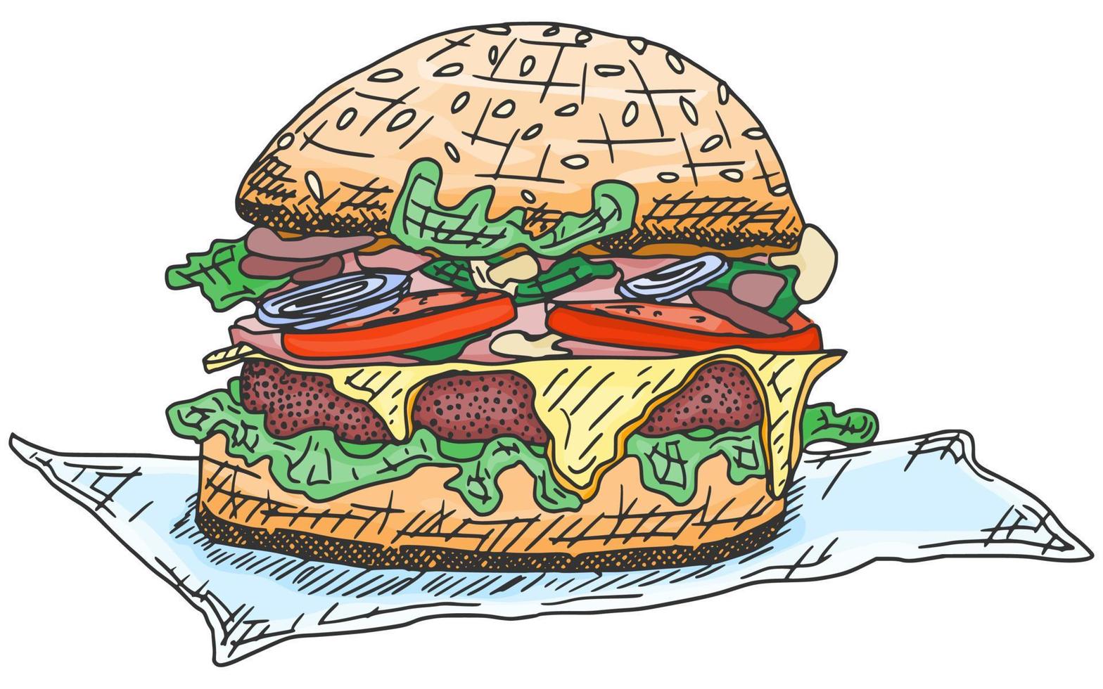 hamburger met vlees en worst schets tekening doodle vector