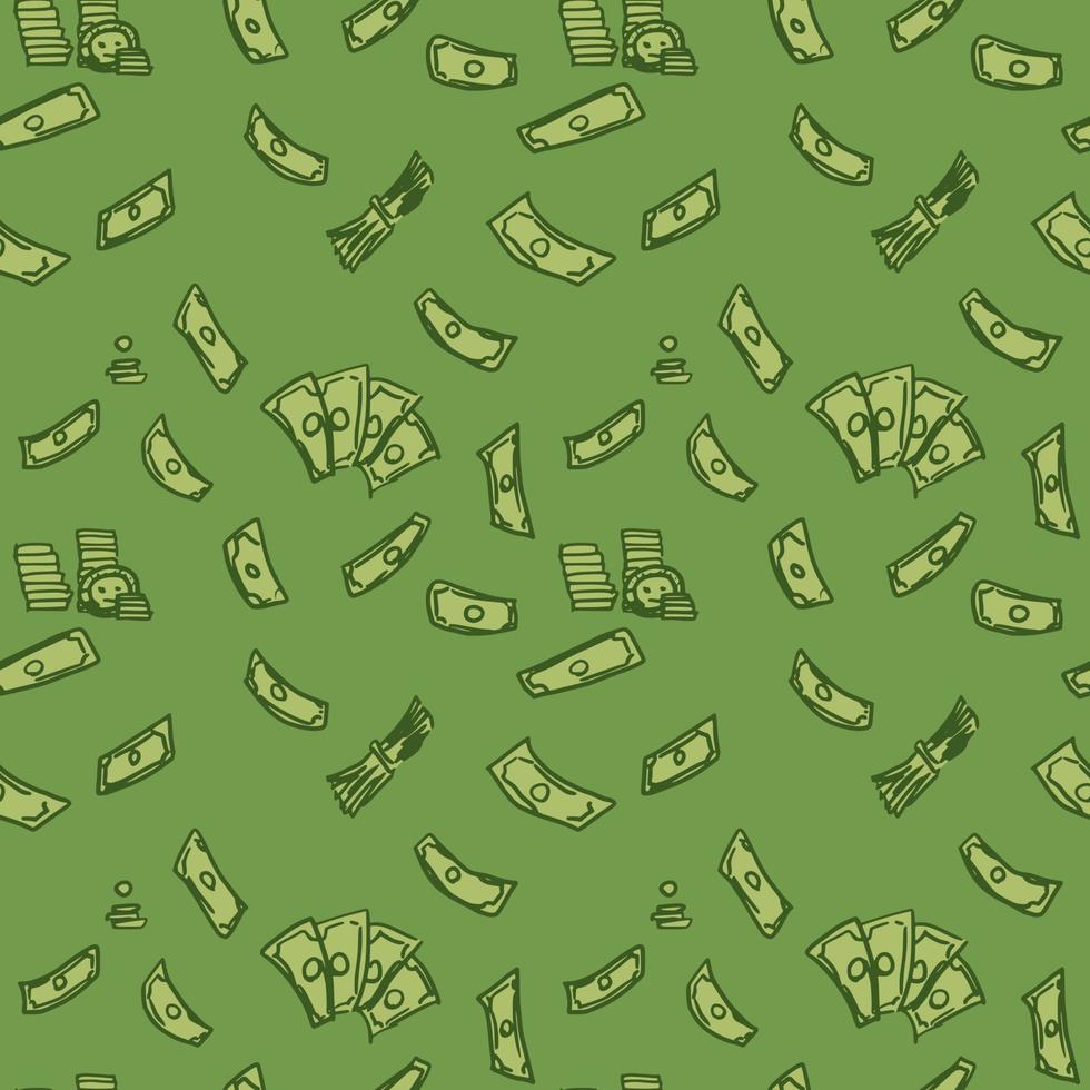 verspreid geld op een groen naadloos patroon als achtergrond vector