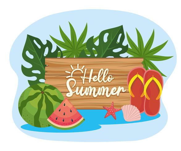 Hallo zomer bord met watermeloen en flip flops vector