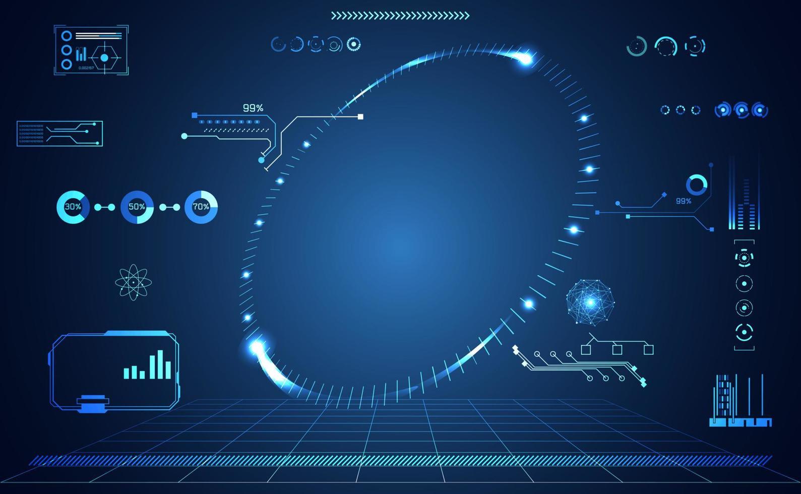 abstracte technologie ui futuristisch concept hud interface hologramelementen van digitale gegevensgrafiek, communicatie, computing en cirkel procent vitaliteitsinnovatie op hi-tech toekomstige ontwerpachtergrond vector