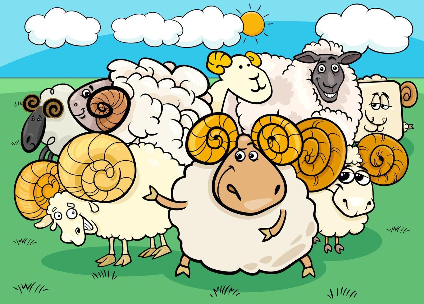 tekenfilm ram en schapen groep in de wei vector