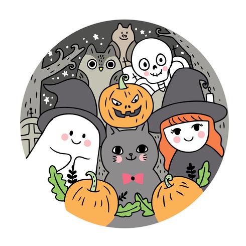 Halloween, Geest en kat en heks en skelet en uil en vleermuis en pompoen vector