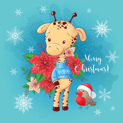 Kerstkaart met cartoon giraffe jongen en een boeket van poinsettia vector