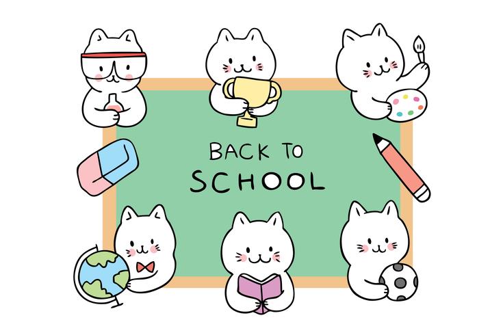 Leuke cartoon terug naar schoolkatten rond schoolbord vector