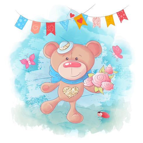 Cute cartoon teddybeer op blauwe achtergrond vector