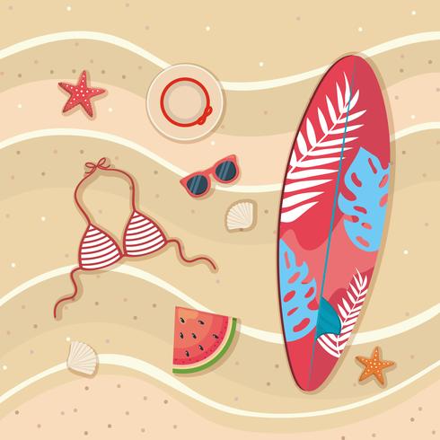 Luchtfoto van surfplank met zonnebril en badpak op zand vector