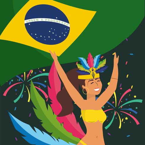 Vrouwelijke Carnaval-danser in kostuum met Braziliaanse vlag vector