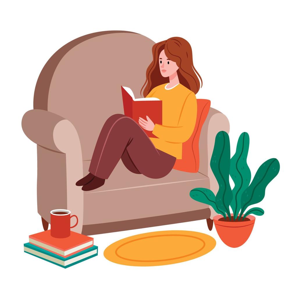 een meisje in een gezellige stoel leest een boek. boekenclub. gezellig interieur. literatuur. examen voorbereiding. vector