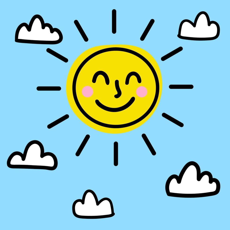 schattige cartoon hemel met zon en wolken geïsoleerd op blauwe achtergrond. kinderlijke kaart. vector