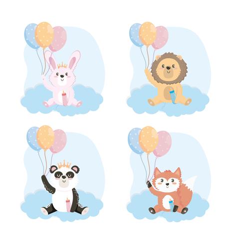 Set van baby dieren met ballonnen op witte achtergrond vector