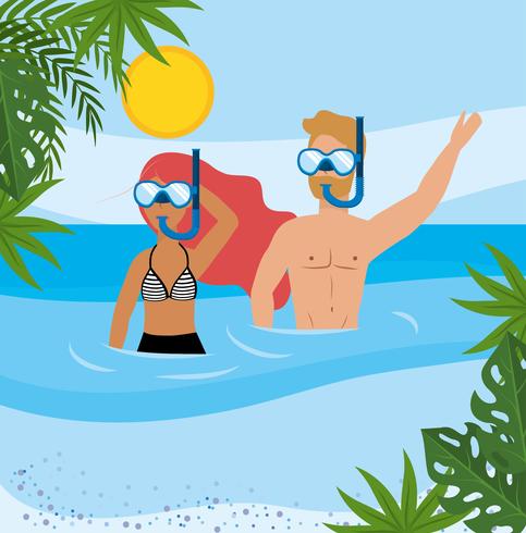 Vrouw en man die bij strand snorkelen vector