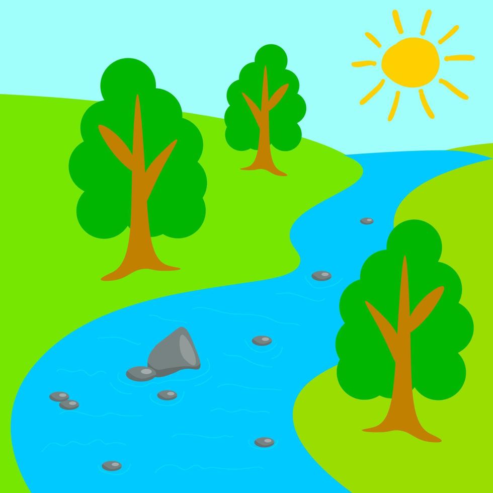 cartoon riviervallei in vlakke stijl. zonnige dag in het park. zomer bos. vector