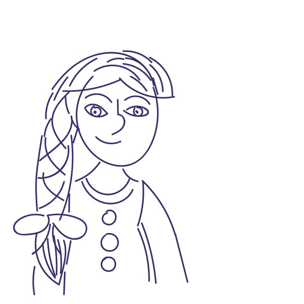 dunne lijn doodle meisje met staartje geïsoleerd op een witte achtergrond. vector