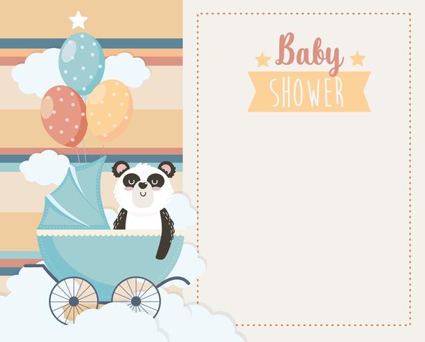 Kaart van de baby douche met panda in koets met ballonnen vector