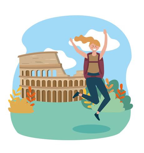 Vrouwelijke toerist die voor colosseum springt vector