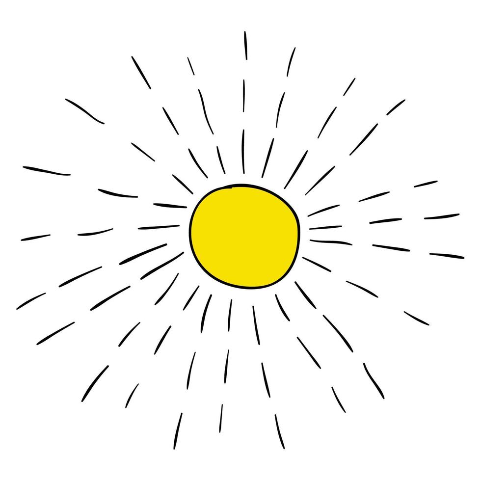 cartoon doodle lineaire zon met stralen geïsoleerd op een witte achtergrond. vector