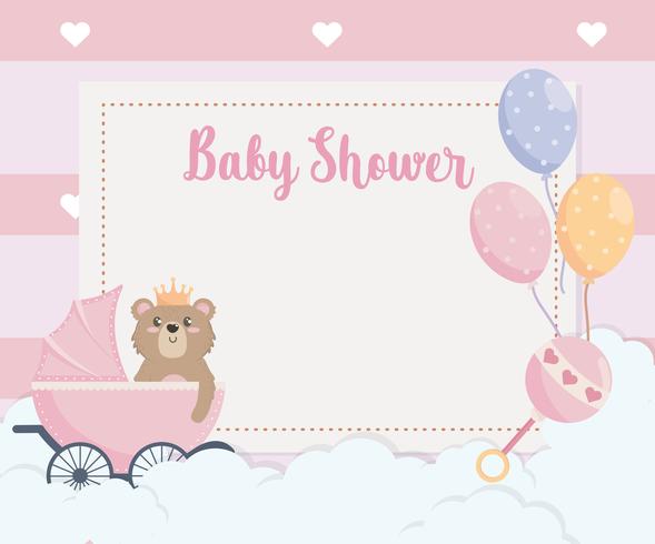 Kaart van de babydouche met teddybeer in koets vector