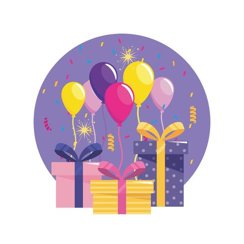 Geschenkdozen en geschenken met ballonnen en confetti vector