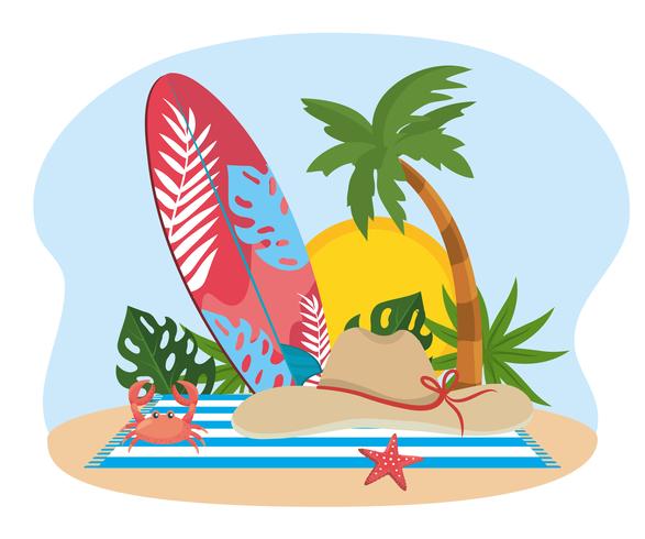 Surfplank met hoed en handdoek in de buurt van palmboom vector