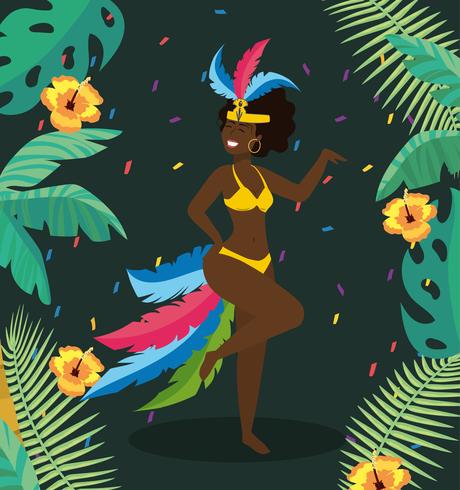 Vrouwelijke carnaval-danser in kostuum met planten en bloemen vector