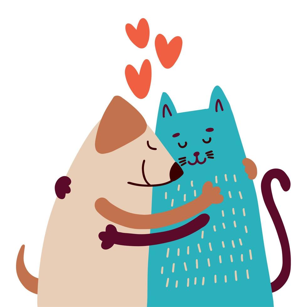 kat en hond knuffelen samen vector