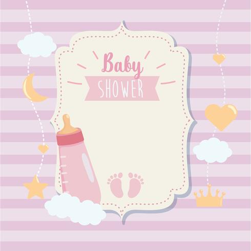 Baby shower label met fles en voetafdruk vector