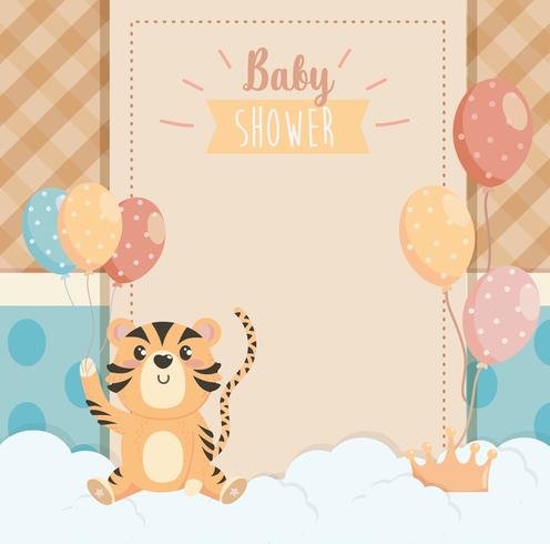Kaart van de baby douche met tijger bedrijf ballonnen vector