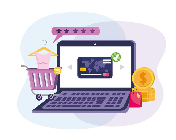Laptop online winkelen met creditcard en winkelwagentje vector