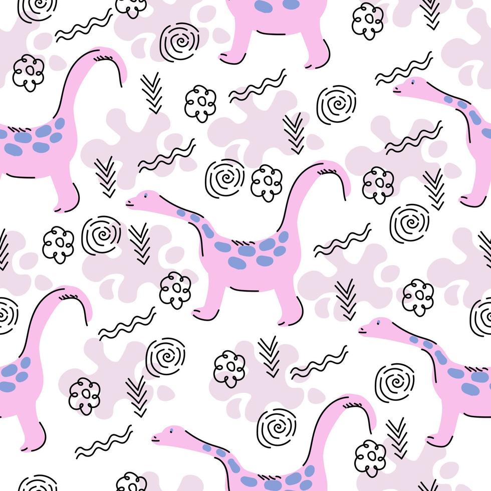 schattig patroon met dinosaurussen en lineaire doodles, roze tekenfilm dieren op witte achtergrond vector