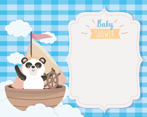 Kaart van de baby douche met panda beer in boot vector